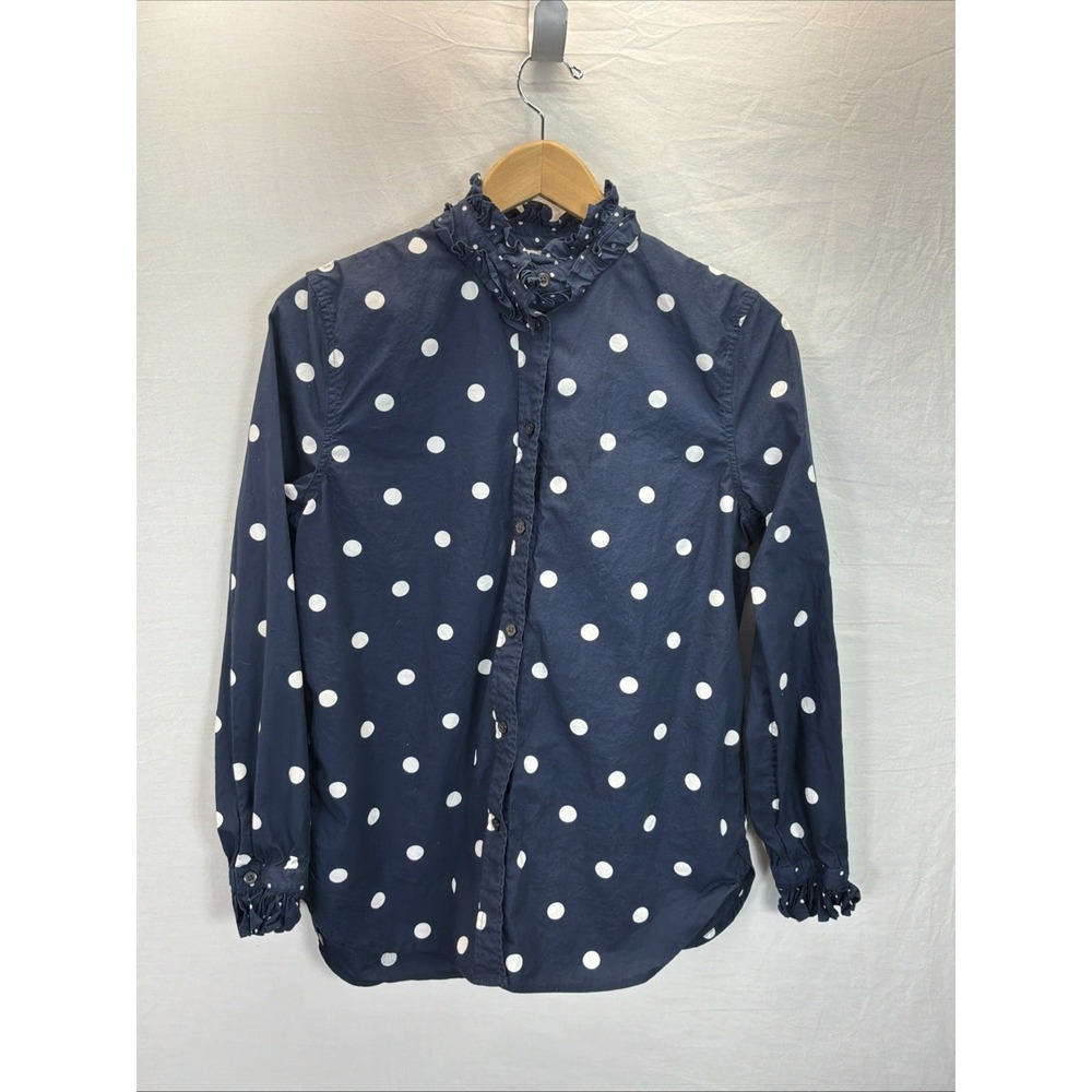 J.Crew Polka Dot Ruffle Neck Blouse Navy Cotton Size 8 Classic Office Travel